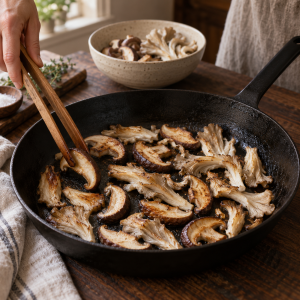 Shiitake and oyster mushrooms dry-searing in a black single-handle skillet