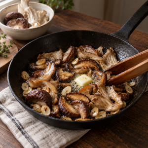 Butter and sliced garlic coating browned mushrooms in the same skillet