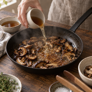 Strained shiitake liquid deglazing browned mushrooms in the same skillet