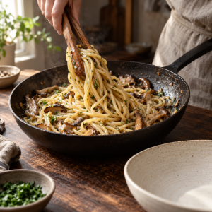 Spaghetti being tossed with mushroom sauce in the same skillet