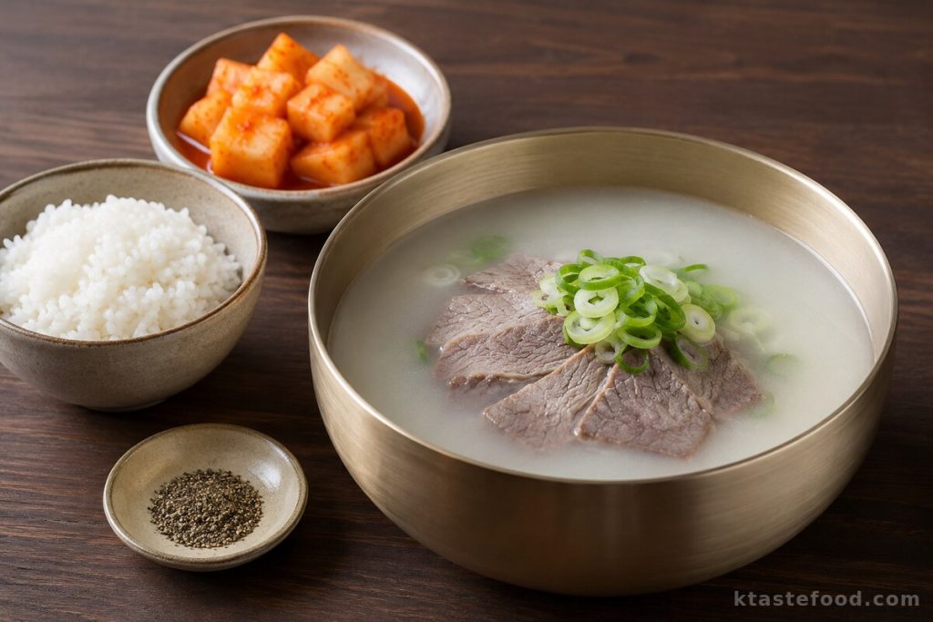 Korean seolleongtang with beef, green onion, rice and kkakdugi