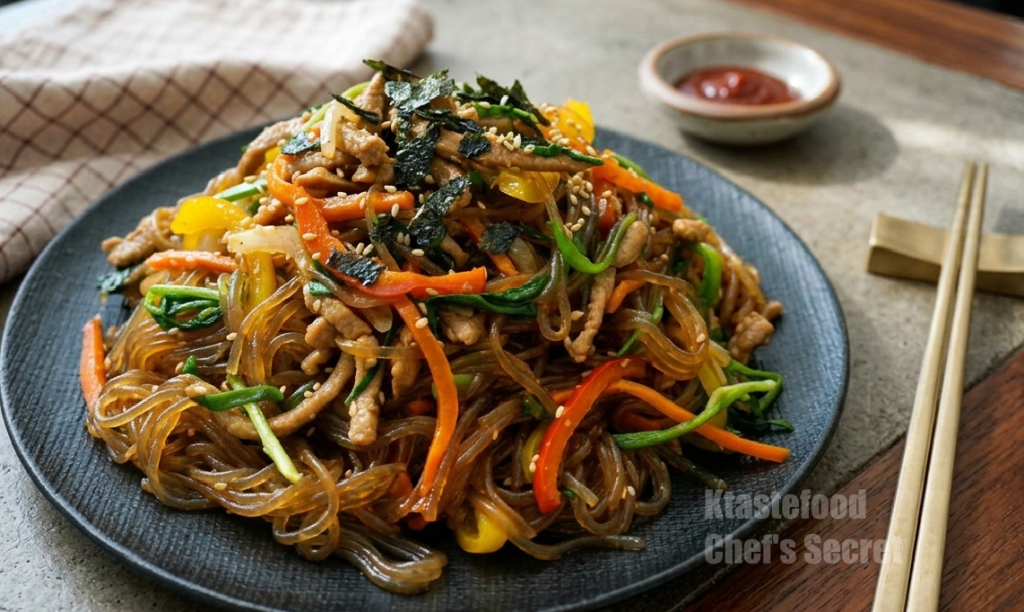 Traditional Korean japchae with pork and colorful vegetables
