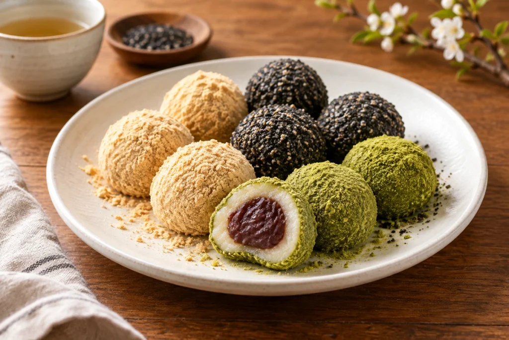 Korean gyeongdan sweet rice balls with soybean black sesame and matcha soybean coating