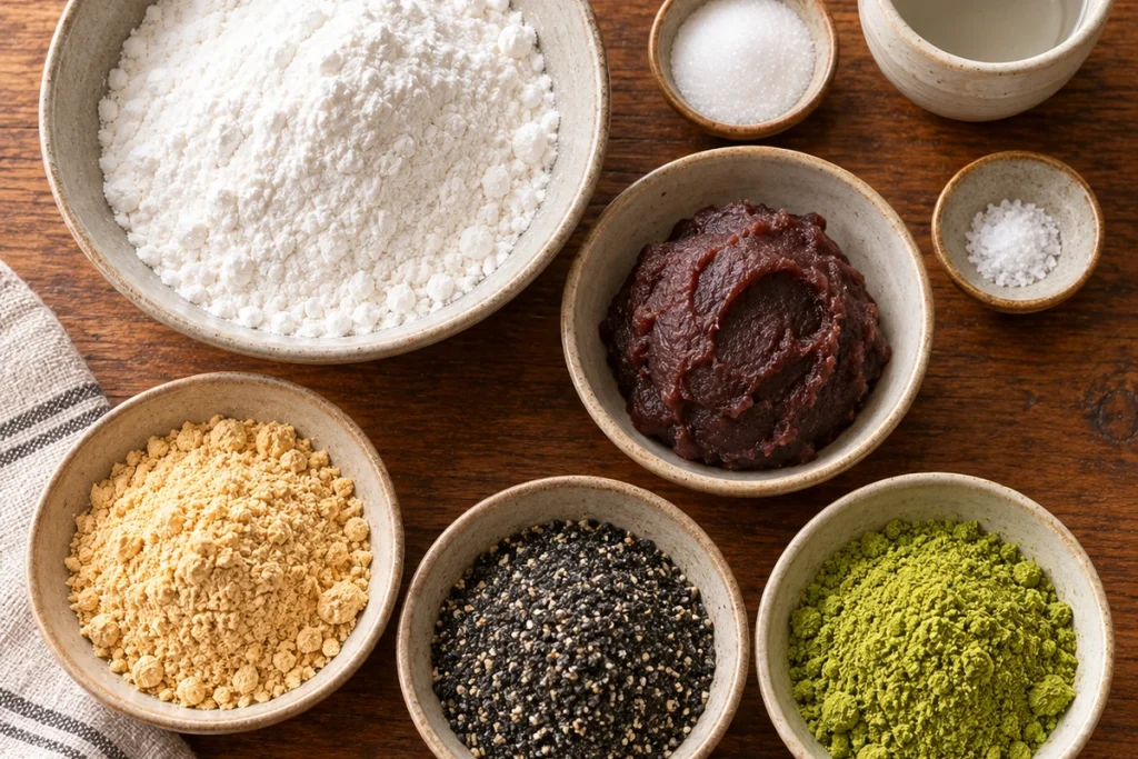 Measured ingredients for Korean gyeongdan sweet rice balls: glutinous rice flour, sweet red bean paste, roasted soybean powder, black sesame and matcha soybean powder