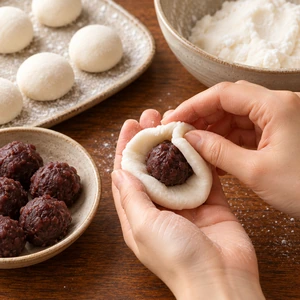 Mixing hot water into sweet rice flour to make soft dough for Korean gyeongdan