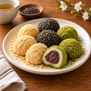 Coating cooked gyeongdan rice balls in roasted soybean black sesame and matcha soybean powders
