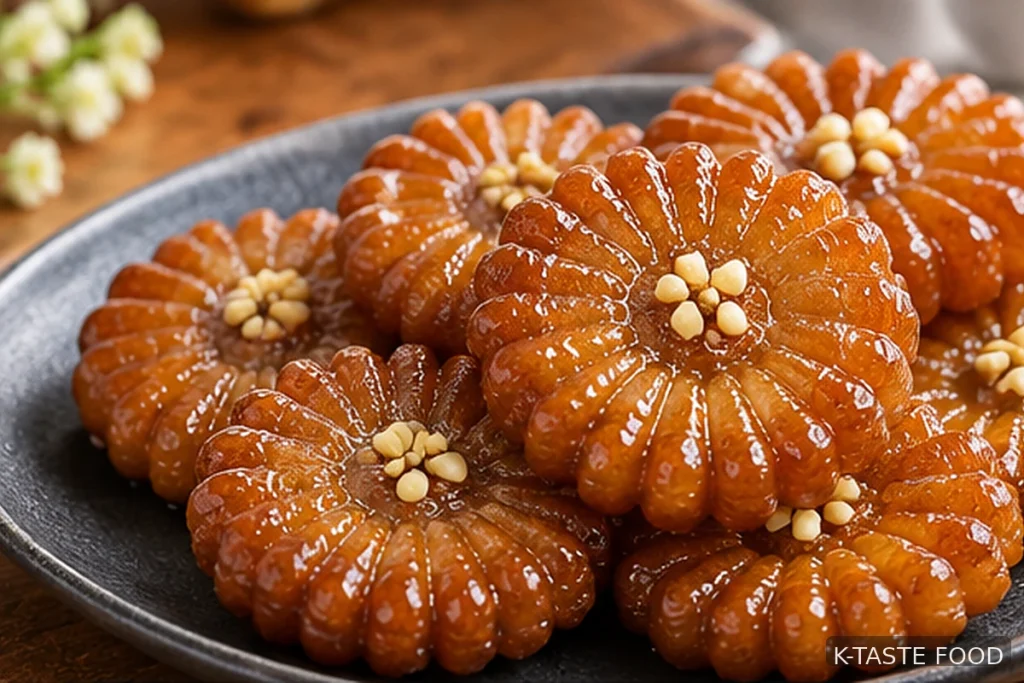 Golden Korean yakgwa honey cookies on a dark ceramic platter