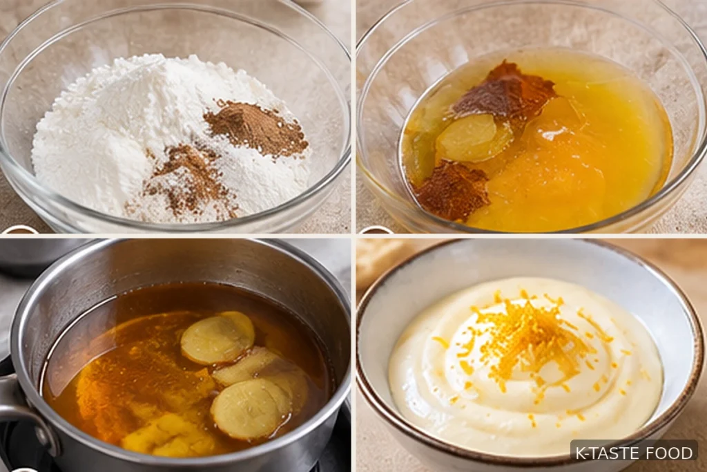 Ingredients for Korean yakgwa, including flours, brown sugar, ginger and rice syrup