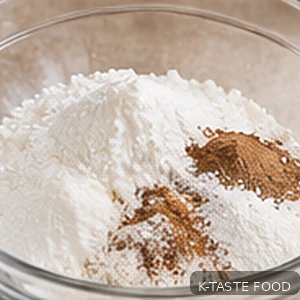 Wheat flour, glutinous rice flour, doughnut mix and cinnamon in a bowl