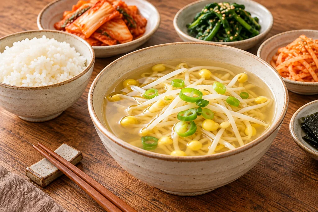 Korean soybean sprout soup served with rice, kimchi, and side dishes