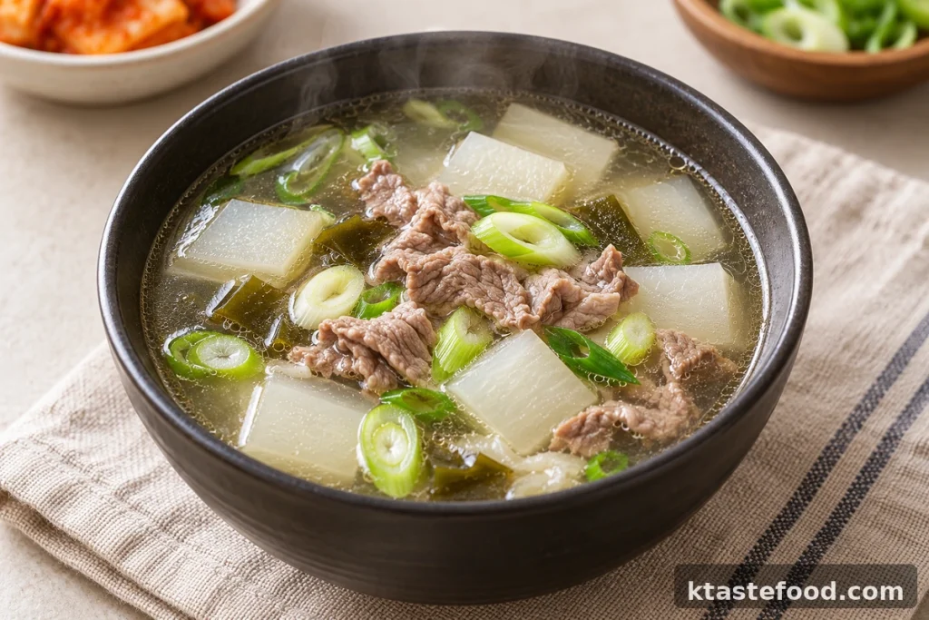 Korean beef radish soup with tender beef, cubed radish and green onion in clear broth