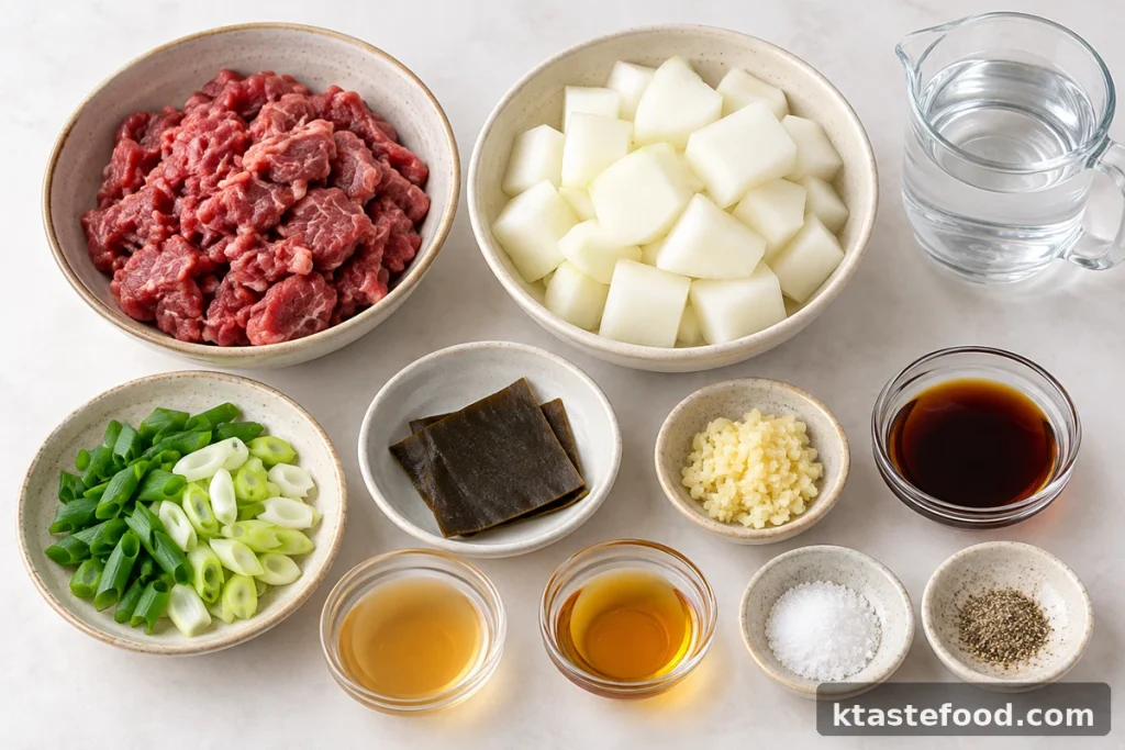 Ingredients for Korean beef radish soup: sliced beef, radish, kelp, green onions, tuna extract and seasonings