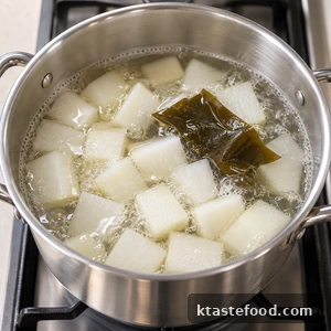 Korean radish cubes simmering with kelp in soup water