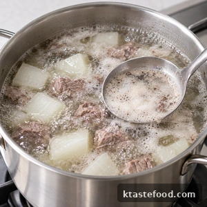 Foam being skimmed from the top of simmering beef radish soup
