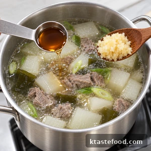 A teaspoon of tuna extract and minced garlic added to beef radish soup