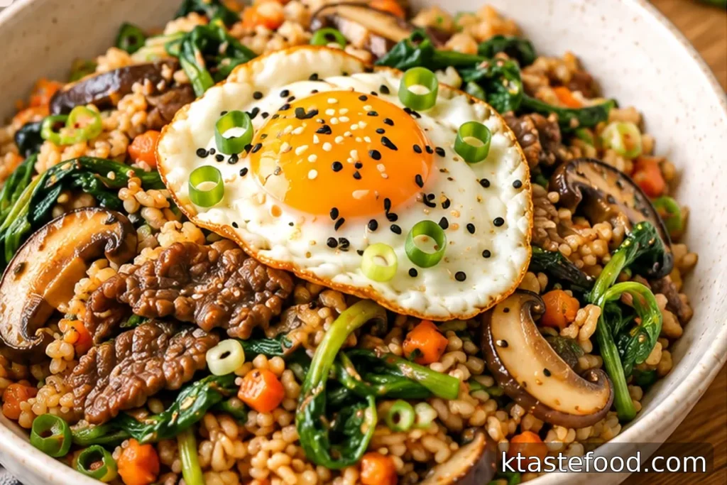 Finished mild soy-marinated bulgogi fried rice with mushrooms, water spinach, scallions and a fried egg