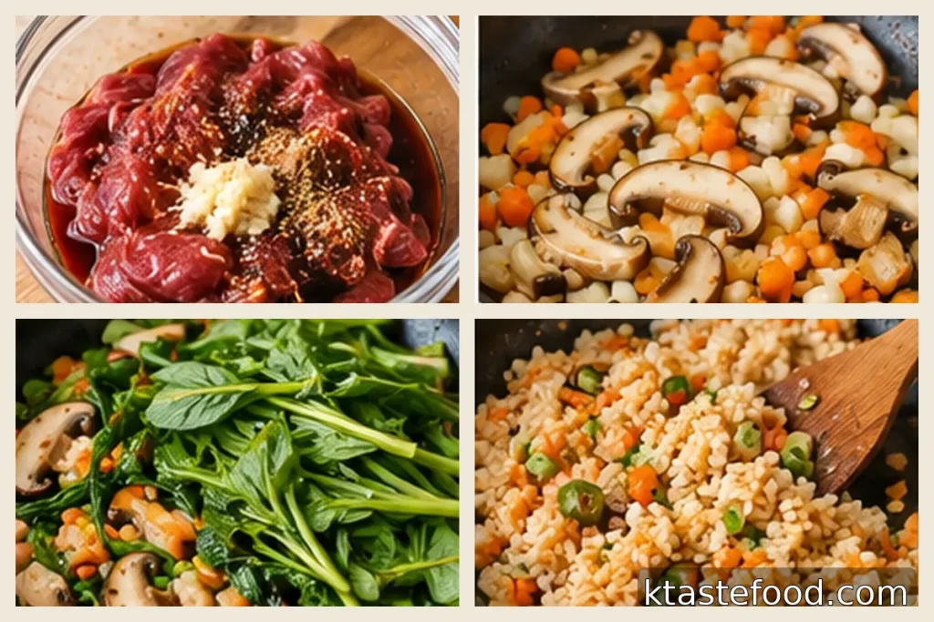 Ingredients for mild bulgogi fried rice: beef, soy sauce, pear, shiitake mushrooms, water spinach, carrots, rice, egg and sesame