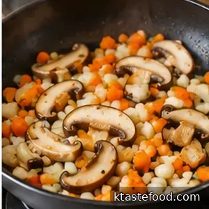 Sliced mushrooms with diced onion and carrot cooking in a hot skillet before the meat is added.