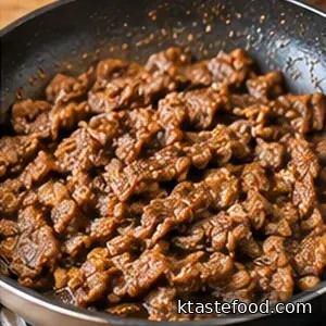 Soy-marinated bulgogi beef browning in a skillet, fully cooked before returning to the fried rice.