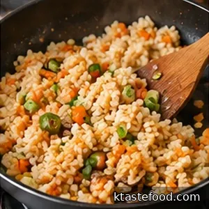 Cooked rice being stir-fried with carrot, onion, scallion and soy-based seasoning in a skillet.