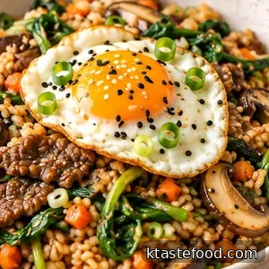 Finished mild bulgogi fried rice plated with mushrooms, green water spinach, scallions, sesame seeds and a fried egg.