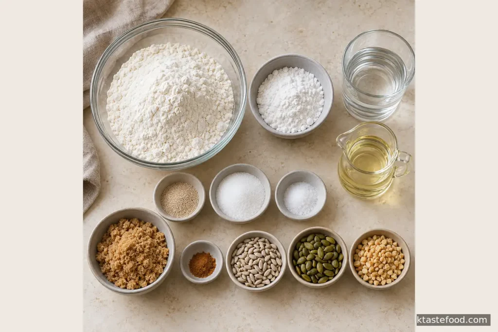 Flour, sweet rice flour, yeast, sugar, salt, water, oil, cinnamon, seeds, and peanuts for ssiat hotteok