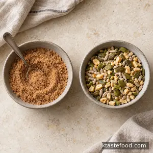 Cinnamon sugar and roasted seed and peanut mixtures in separate bowls