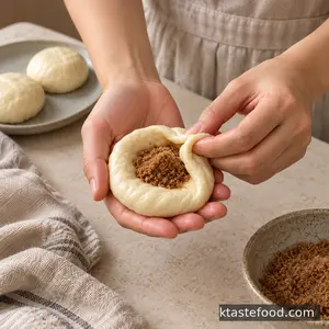 One cook uses both hands to pinch hotteok dough closed around cinnamon sugar.