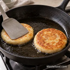 Two golden hotteok pancakes cooking in a lightly oiled skillet