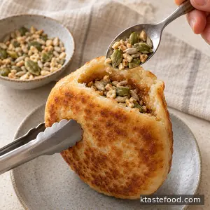 Adding roasted seeds and chopped peanuts through a slit in a cooked hotteok