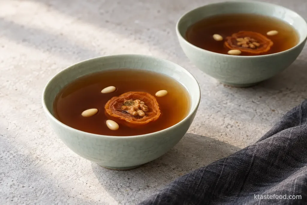 Chilled sujeonggwa with walnut-filled dried persimmon and pine nuts in celadon bowls