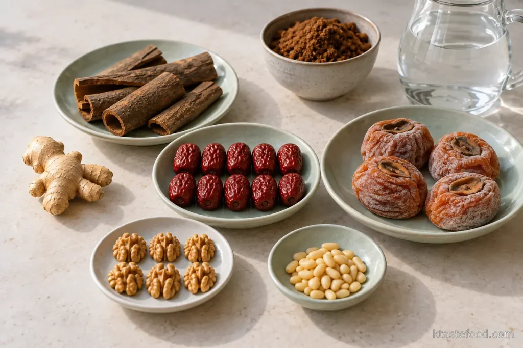 Ginger, cinnamon bark, jujubes, dried persimmons, walnuts, pine nuts, brown sugar and water for sujeonggwa