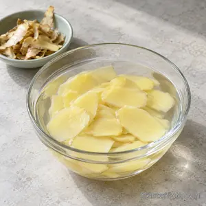 Thin peeled ginger slices soaking in water