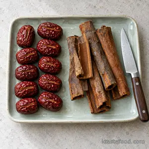 Scored dried jujubes beside rinsed cinnamon bark