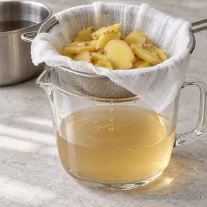 Cooked ginger strained through cloth over a jug of pale ginger infusion