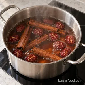 Cinnamon bark and scored jujubes gently simmering in a saucepan