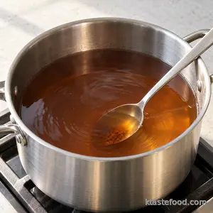 Brown sugar dissolving in the combined strained cinnamon and ginger infusion