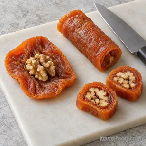 Walnut-filled dried persimmon rolls cut into thick slices