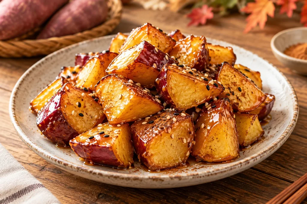 Korean candied sweet potato goguma mattang with a glossy caramel shell, sesame seeds, and an optional hint of cinnamon