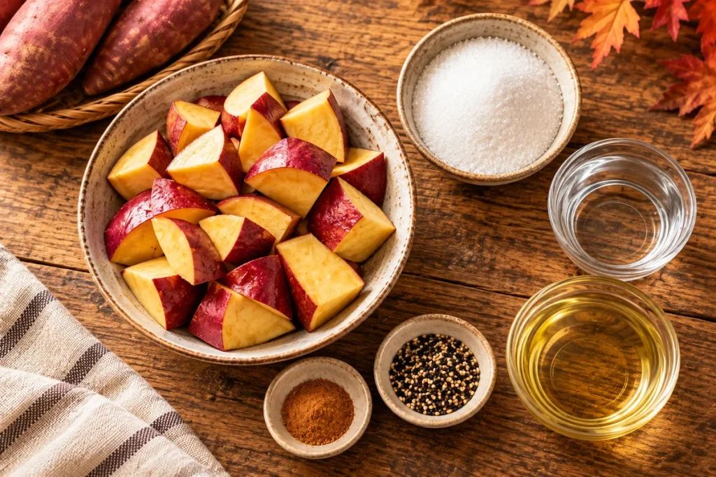 Goguma mattang ingredients: cut sweet potatoes, granulated sugar, water, neutral oil, sesame seeds and optional ground cinnamon