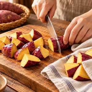 Red-skinned sweet potatoes being cut into even bite-size chunks on a wooden cutting board
