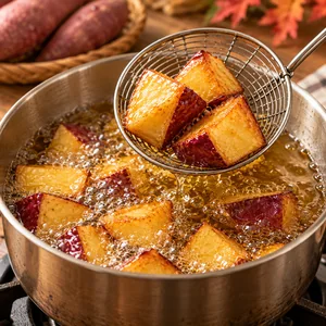 Golden sweet potato chunks being lifted from hot frying oil using a mesh skimmer