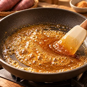 Granulated sugar and water turning pale amber in a nonstick pan for the Korean sweet potato caramel coating