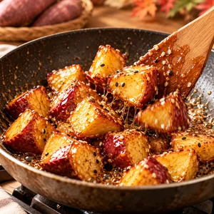 Fried sweet potato chunks being tossed quickly in a glossy caramel coating using a wooden spatula