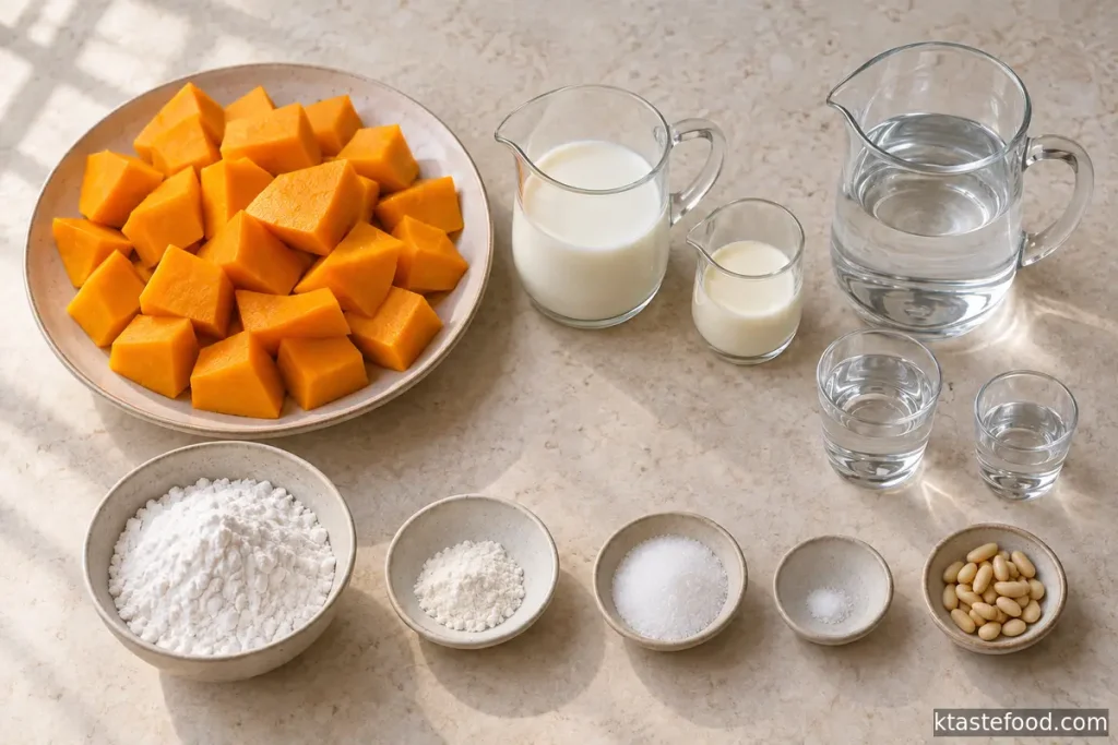 Kabocha flesh, milk, cream, sweet rice flour, sugar, salt, water and optional pine nuts