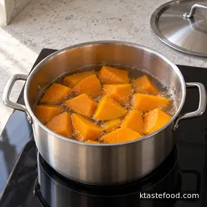 Peeled kabocha pieces simmering in water until tender
