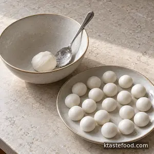 Small white sweet rice balls shaped from glutinous rice flour dough