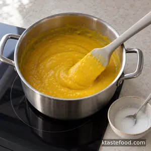 Creamy kabocha porridge thickening gently beside a small rice flour slurry bowl