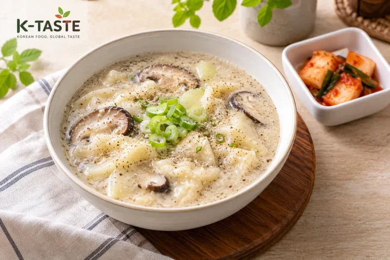 Bowl of Korean perilla mushroom sujebi with shiitake, potato dough and green onion