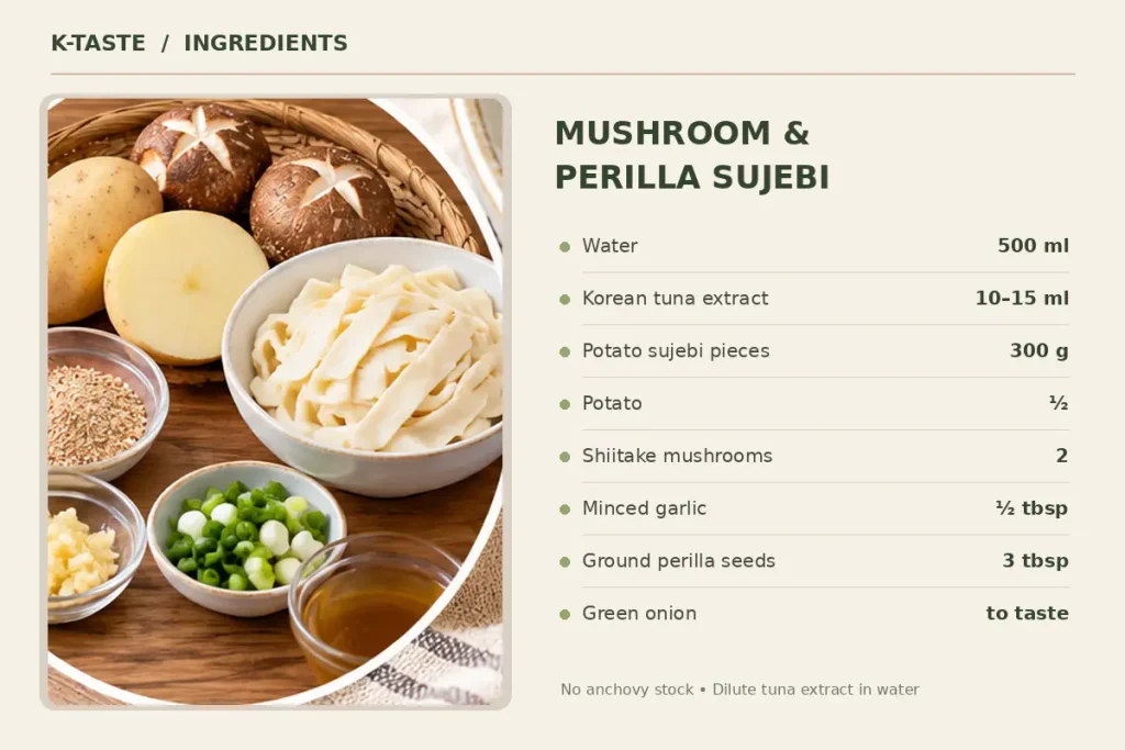 Ingredients for Korean mushroom perilla sujebi: potato dough, shiitake, perilla powder, potato, garlic, green onion and tuna extract